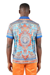 Barabas Men's Medusa Floral Prints Graphic Tee Polo Shirts 3PSP01 Blue