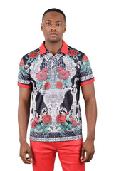 Barabas men's Floral Rose Leopard Prints Graphic Tee Polo Shirts 3PSP18 Black Silver
