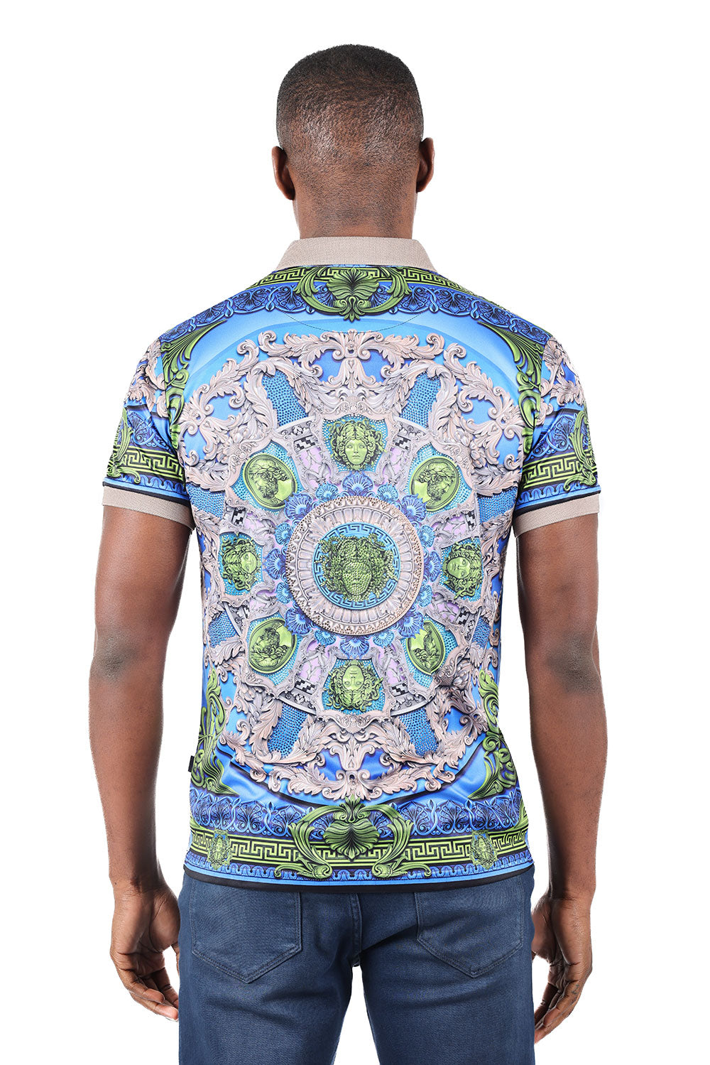Barabas Men's Rhinestone Floral Medusa Baroque Graphic Tee Polo Shirts 3PSR16 Blue