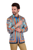 Barabas Wholesale Men's Rhinestone Floral Medusa Long Sleeve Shirts 3SPR401 Blue