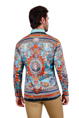 Barabas Wholesale Men's Rhinestone Floral Medusa Long Sleeve Shirts 3SPR401 Blue