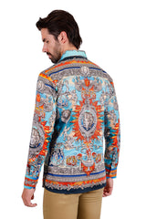 Barabas Wholesale Men's Rhinestone Floral Medusa Long Sleeve Shirts 3SPR401 Blue