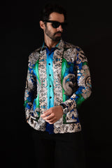 Barabas Wholesale Men's Floral Dragon Rhinestone Long Sleeve Shirts 3SPR405 Blue