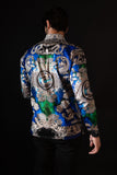 Barabas Wholesale Men's Floral Dragon Rhinestone Long Sleeve Shirts 3SPR405 Blue