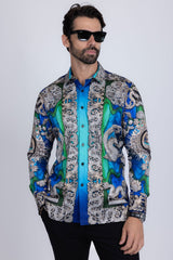 Barabas Wholesale Men's Floral Dragon Rhinestone Long Sleeve Shirts 3SPR405 Blue