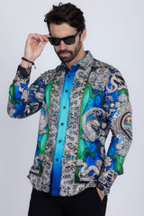Barabas Wholesale Men's Floral Dragon Rhinestone Long Sleeve Shirts 3SPR405 Blue