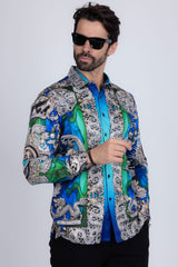 Barabas Wholesale Men's Floral Dragon Rhinestone Long Sleeve Shirts 3SPR405 Blue