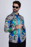 Barabas Wholesale Men's Floral Dragon Rhinestone Long Sleeve Shirts 3SPR405 Blue