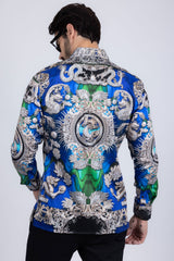 Barabas Wholesale Men's Floral Dragon Rhinestone Long Sleeve Shirts 3SPR405 Blue