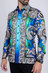Barabas Wholesale Men's Floral Dragon Rhinestone Long Sleeve Shirts 3SPR405 Blue