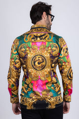 Barabas Wholesale Men's Floral Dragon Rhinestone Long Sleeve Shirts 3SPR405 Orange