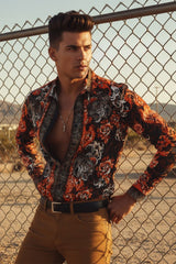 Barabas Wholesale Men's Floral Tiger Rhinestone Long Sleeve Shirts 3SPR407 Black
