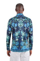 Barabas Wholesale Men's Floral Tiger Rhinestone Long Sleeve Shirts 3SPR407 Navy