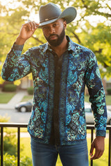Barabas Wholesale Men's Floral Tiger Rhinestone Long Sleeve Shirts 3SPR407 Navy