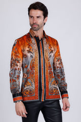 Barabas Wholesale Men's Rhinestone Floral Snake Skin Long Sleeve Shirts 3SPR408 Orange