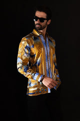 Barabas Wholesale Men's Rhinestone Angel Wings Long Sleeve Shirts 3SPR411 Blue