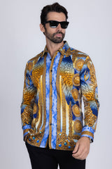 Barabas Wholesale Men's Rhinestone Angel Wings Long Sleeve Shirts 3SPR411 Blue