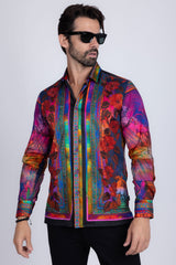 Barabas Wholesale Men's Rhinestone Horse StatueFloral Long Sleeve Shirt 3SPR412 Multi