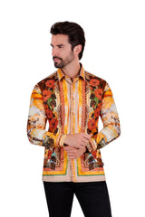 Barabas Wholesale Men's Rhinestone Horse Statue Floral Long Sleeve Shirt 3SPR412 Orange