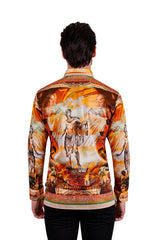 Barabas Wholesale Men's Rhinestone Horse StatueFloral Long Sleeve Shirt 3SPR412 Orange