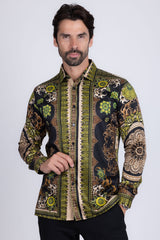 Barabas Wholesale Men's Rhinestone Floral Print Baroque Long Sleeve Shirts 3SPR413 Gold