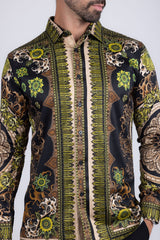 Barabas Wholesale Men's Rhinestone Floral Print Baroque Long Sleeve Shirts 3SPR413 Green