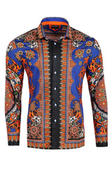 Barabas Wholesale Men's Rhinestone Floral Print Baroque Long Sleeve Shirts 3SPR413 Navy