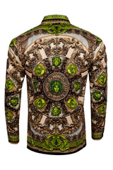 Barabas Wholesale Men's Rhinestone Medusa Floral Long Sleeve Shirts 3SPR416 Khaki