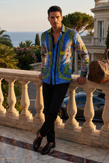 Barabas Wholesale Men's Rhinestone Medusa Floral Long Sleeve Shirts 3SPR416 Royal