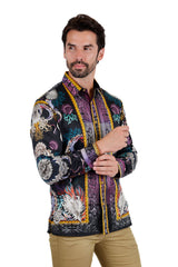 Barabas Wholesale Men's Rhinestone Sea Ocean Baroque Long Sleeve Shirts 3SPR417 Black
