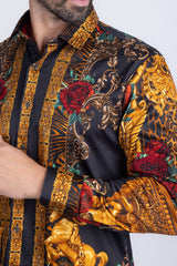 Barabas Wholesale Men's Rhinestone Floral Unicorn Long Sleeve Shirts 3SPR418 Black Gold