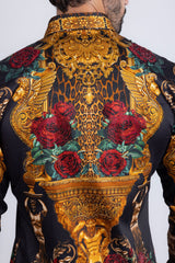Barabas Wholesale Men's Rhinestone Floral Unicorn Long Sleeve Shirts 3SPR418 Black Gold