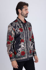 Barabas Wholesale Men's Rhinestone Floral Unicorn Long Sleeve Shirts 3SPR418 Black Silver