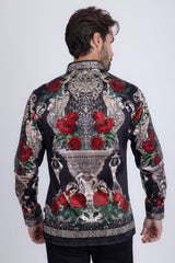 Barabas Wholesale Men's Rhinestone Floral Unicorn Long Sleeve Shirts 3SPR418 Black Silver