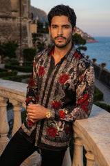 Barabas Wholesale Men's Rhinestone Floral Unicorn Long Sleeve Shirts 3SPR418 Black Silver