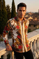 Barabas Wholesale Men's Rhinestone Floral Unicorn Long Sleeve Shirts 3SPR418 Cream