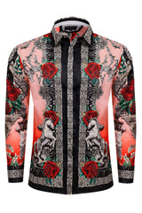 Barabas Wholesale Men's Rhinestone Floral Unicorn Long Sleeve Shirts 3SPR418 Pink