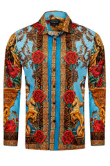 Barabas Wholesale Men's Rhinestone Floral Unicorn Long Sleeve Shirts 3SPR418 Turquoise