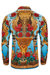 Barabas Wholesale Men's Rhinestone Floral Unicorn Long Sleeve Shirts 3SPR418 Turquoise