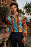 Barabas Wholesale Men's Rhinestone Floral Unicorn Long Sleeve Shirts 3SPR418 Turquoise 