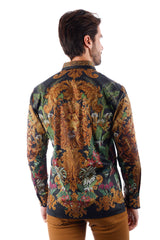 BARABAS Men's Rhinestone Floral Lion Long Sleeve Shirts 3SPR428 Black Gold