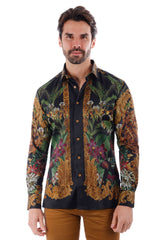 Barabas Wholesale Men's Rhinestone Floral Lion Long Sleeve Shirts 3SPR428 Black Gold