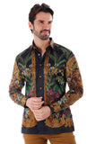 BARABAS Men's Rhinestone Floral Lion Long Sleeve Shirts 3SPR428 Black Gold