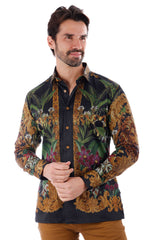 Barabas Wholesale Men's Rhinestone Floral Lion Long Sleeve Shirts 3SPR428 Black Gold