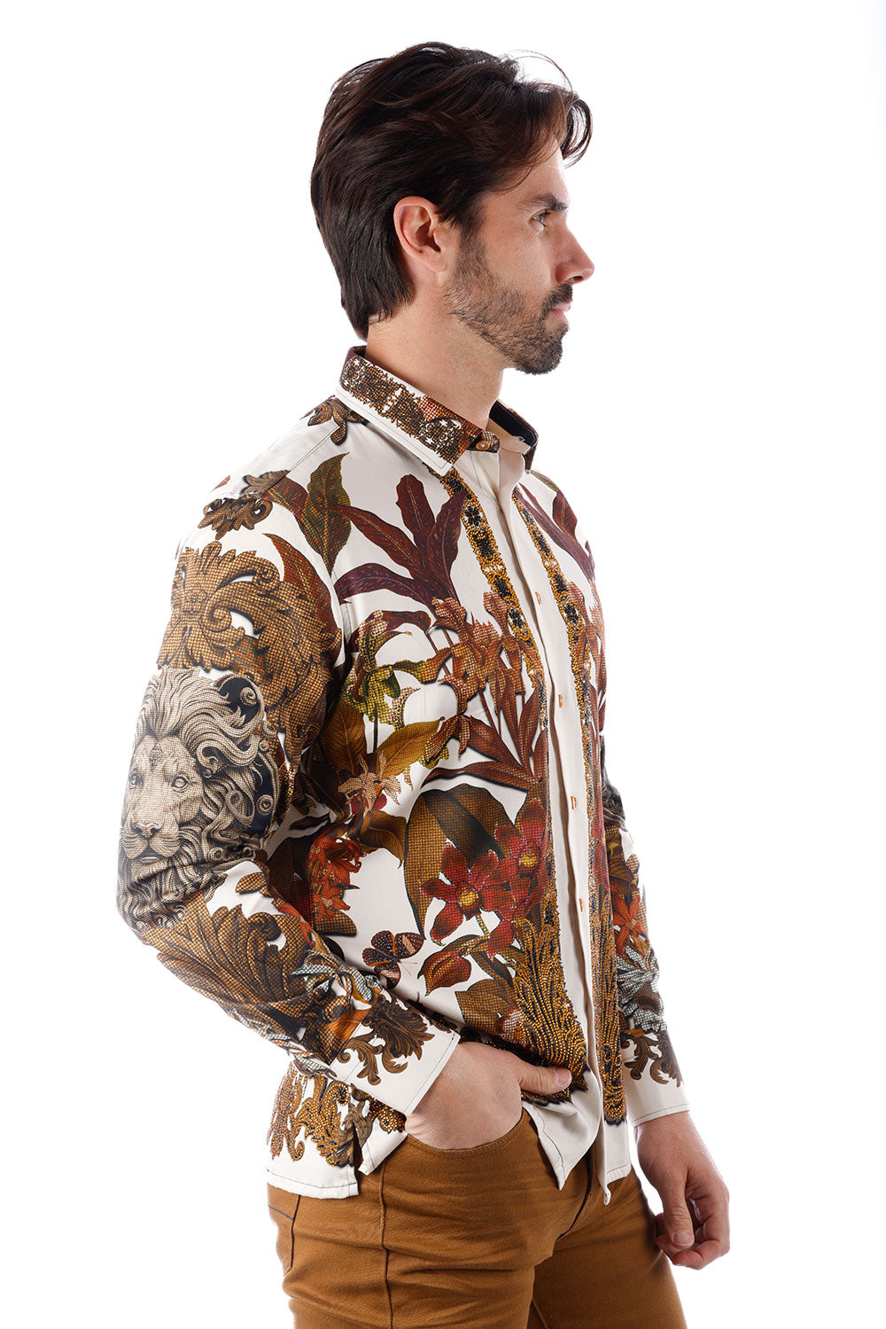 BARABAS Men's Rhinestone Floral Lion Long Sleeve Shirts 3SPR428 Cream
