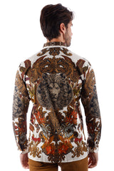 Barabas Wholesale Men's Rhinestone Floral Lion Long Sleeve Shirts 3SPR428 Cream