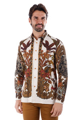 Barabas Wholesale Men's Rhinestone Floral Lion Long Sleeve Shirts 3SPR428 Cream