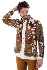 Barabas Wholesale Men's Rhinestone Floral Lion Long Sleeve Shirts 3SPR428 Cream