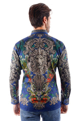 Barabas Wholesale Men's Rhinestone Floral Lion Long Sleeve Shirts 3SPR428 Navy Blue