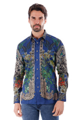 Barabas Wholesale Men's Rhinestone Floral Lion Long Sleeve Shirts 3SPR428 Navy Blue
